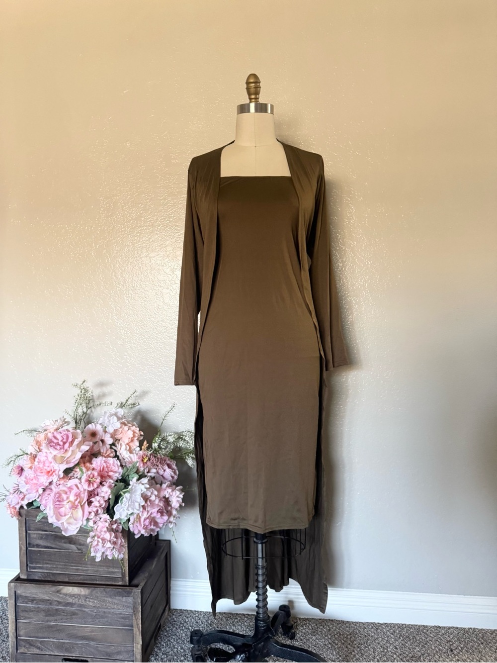Women's Olive Brown Midi Dress with Long Cardigan